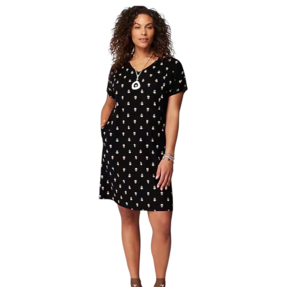 J. Jill black floral cotton mini dress short sleeve v-neck summer casual NEW